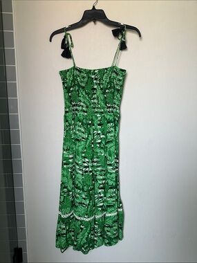 Kos Resort (M) Green Tropical Print Tie-Shoulder Midi Dress